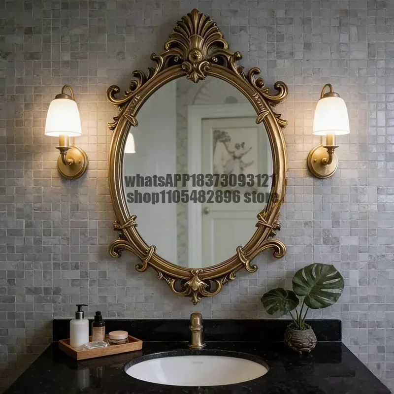 Retro bathroom mirror wall hanging carved decoration bathroom makeup mirror fireplace porch