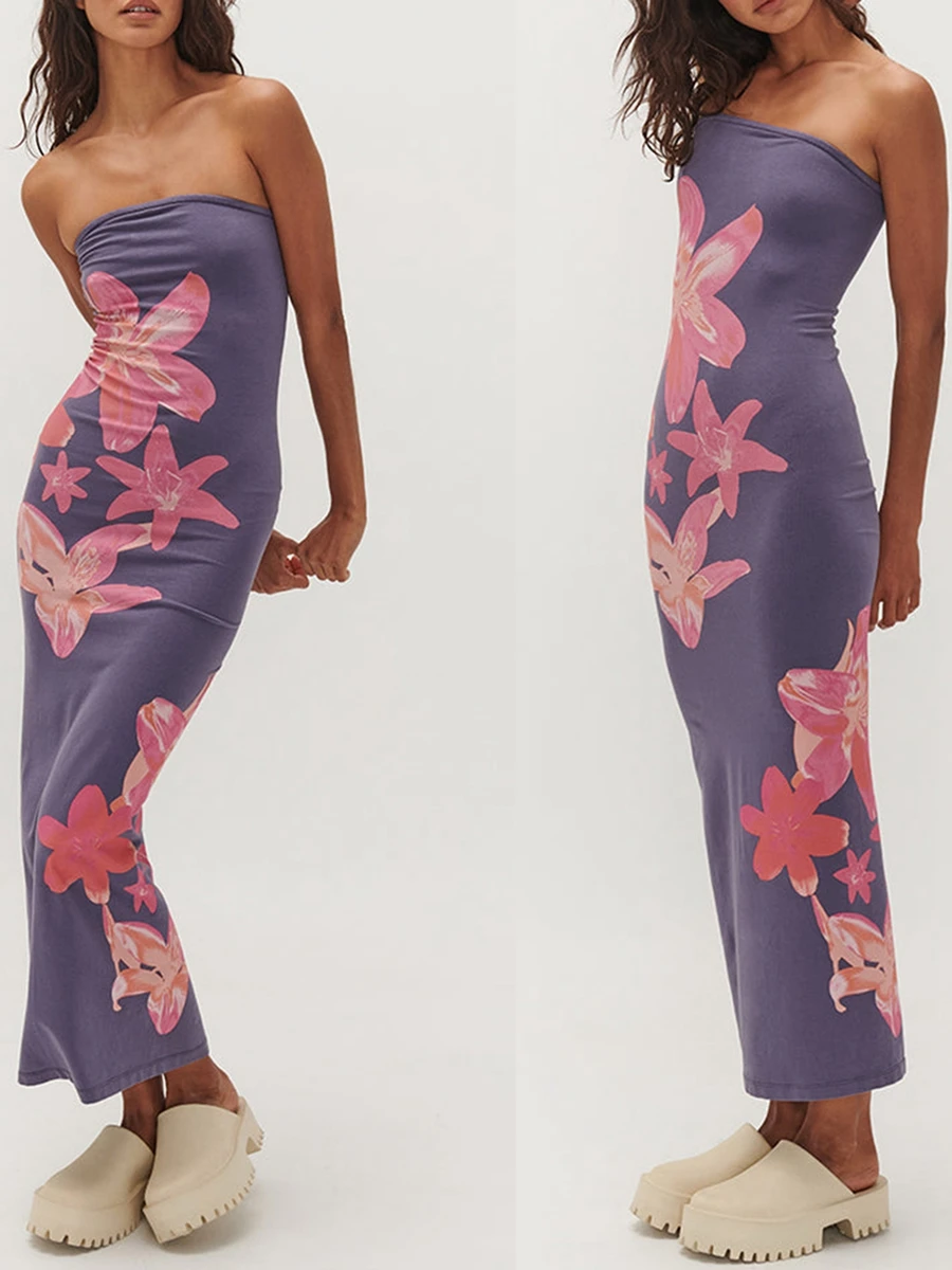 Dames Buisjurk Elegante Strapless Rugloze Bloemenjurk Zomer Lange Jurk