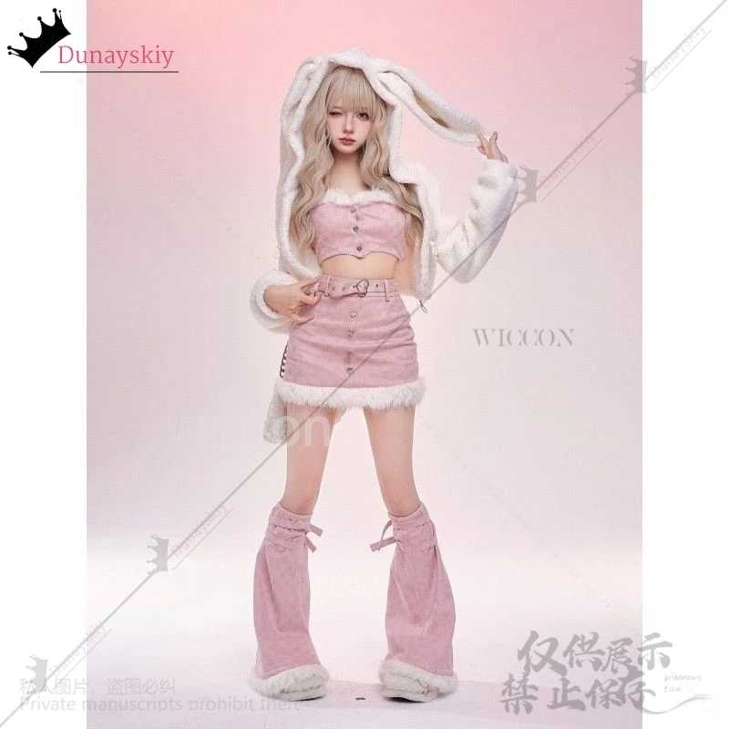 2024 Y2K اليابانية الفتيات تأثيري أنيمي زي الحلو لطيف آذان أرنب هوديي القمم مثير الوردي التنانير Kawaii جوارب السيقان مخصصة