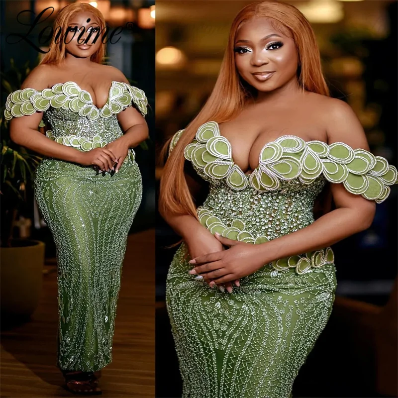 Sexy Off Shoulder Green African Evening Dress Floor Length Beaded 3D Leaf Designer 2024 Aso Ebi Sheath Prom Dress Party Gowns