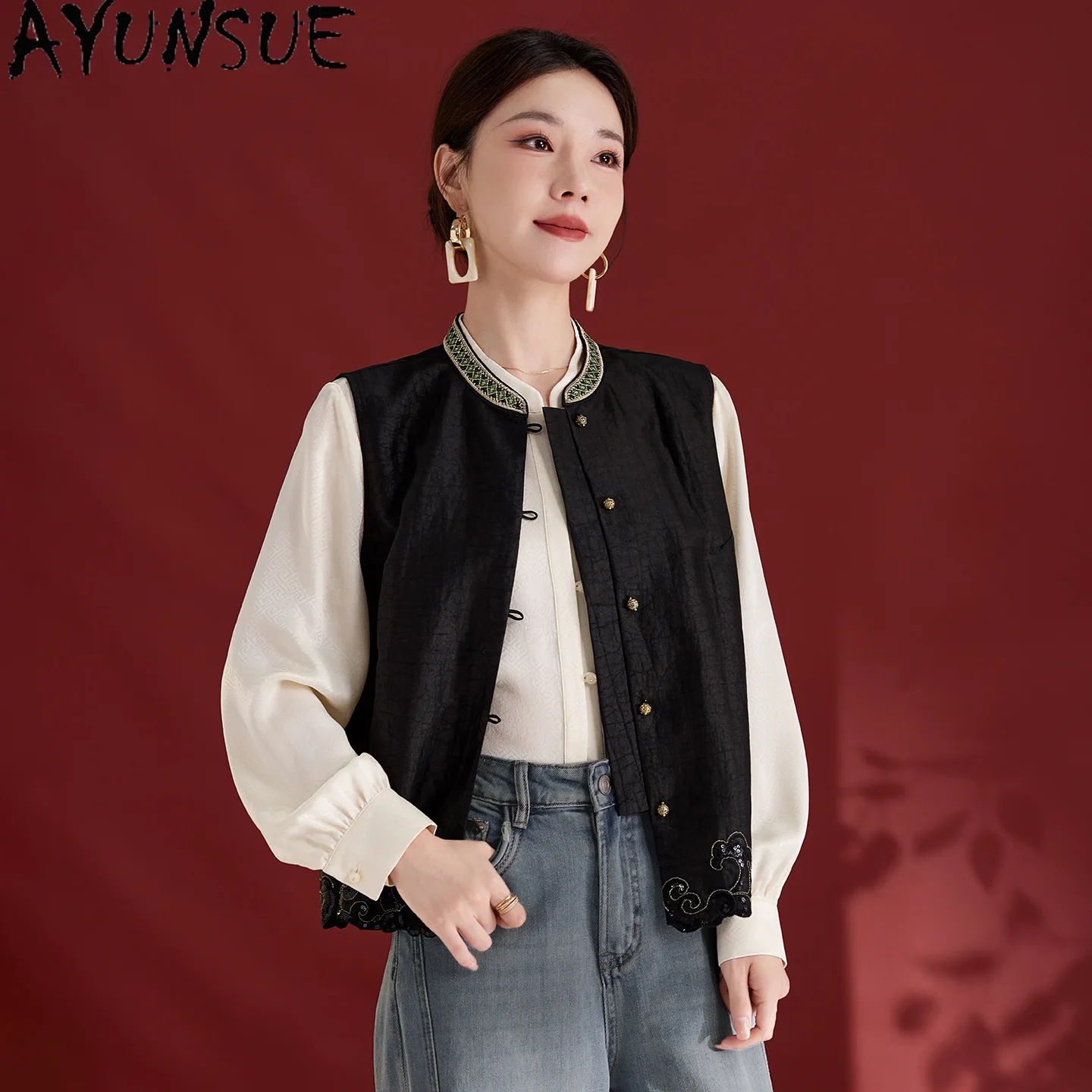 AYUNSUE 100% Real Mulberry Silk Vest Women Xiangyunsha Sleeveless Short Vest for Women Autumn Embroidered Tops 2026жилет Женский