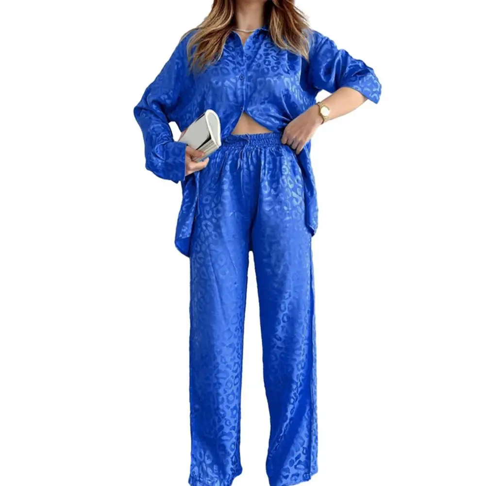 

Women Two-piece Set Leopard Print Ladies Suit Set Stylish Single-breasted Blouse Wide Leg Trousers with Soft for Fashionable