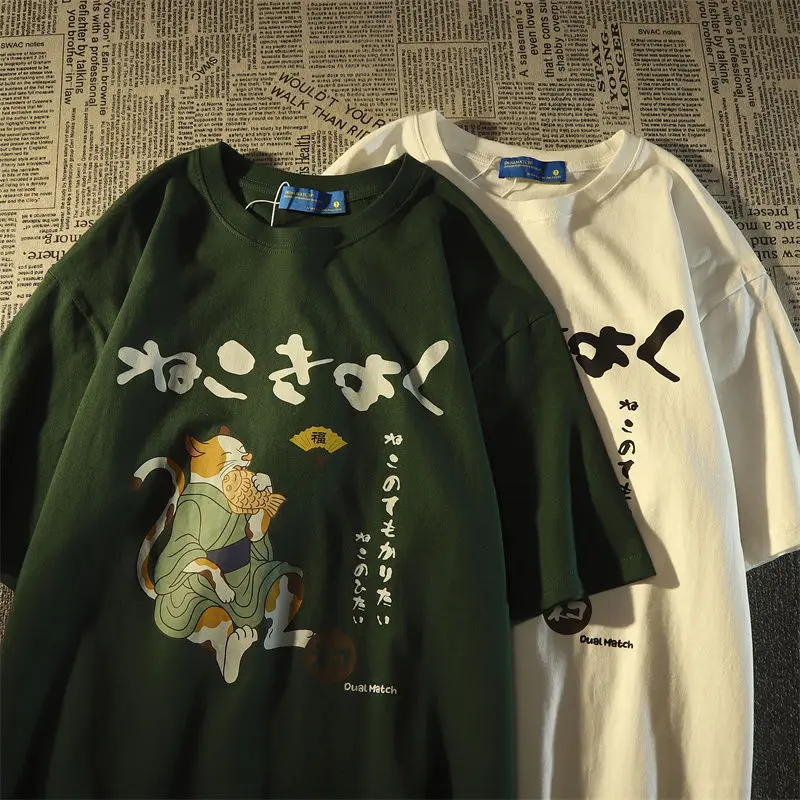 女性のためのヴィンテージカワイイキャットプリントTシャツ,ファッショナブルなユニセックスTシャツ,ルーズでカジュアルなヒップホップスタイル,半袖トップスy2k