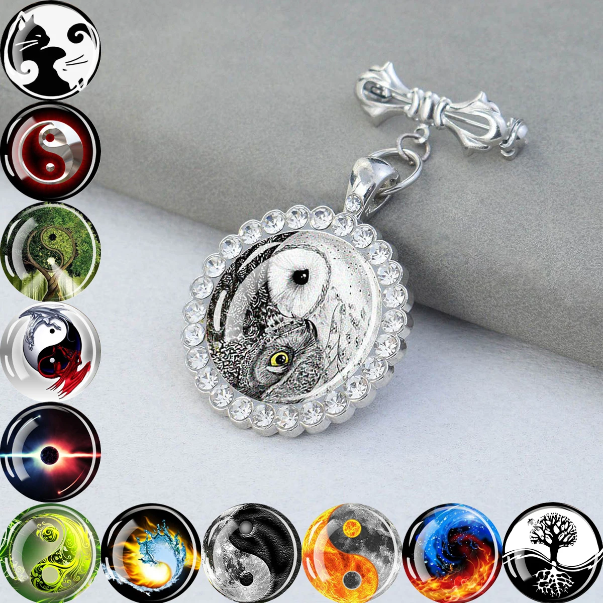 1PC Yin Yang Tai Chi Pattern Circular Glass Brooch with Artificial Cubic Zirconia Trim, Suitable for Holiday Party Gifts