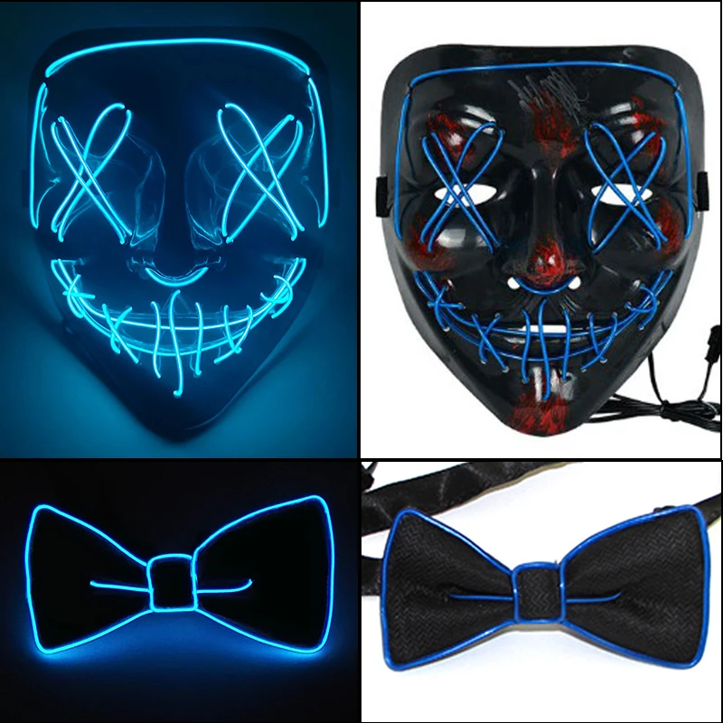 1 Set LED Mask with LED Bow Tie Scary Halloween Cosplay Light Up Purge Mask Men Bow Tie Halloween Masquerade Props