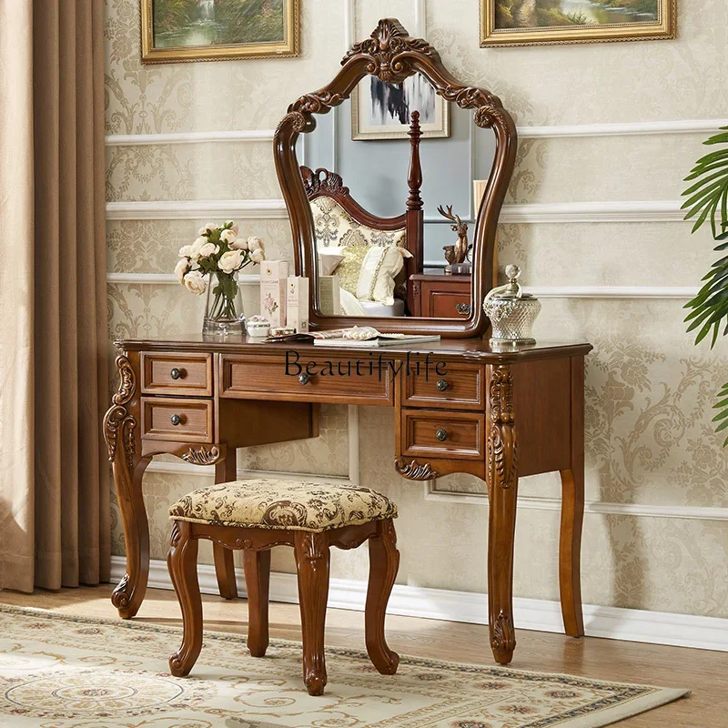 

American-Style Solid Wood Dressing Table European-Style Retro Distressed Makeup Table and Chair CombinationLX