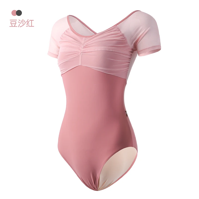 Pink Short Sleeve Ballet Practice Leotards for Women, Adult Dance Gymnastics Female Mesh Fabric Coveralls Practice Clothing