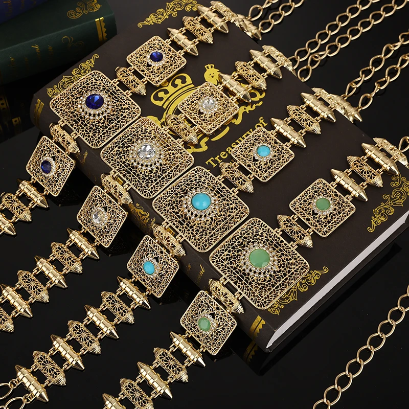 

Luxury Moroccan Belt Gold Color Arab Women's Caftan Waist Chain Bridal Jewelry Embellished Adjustable Length Belly Chain