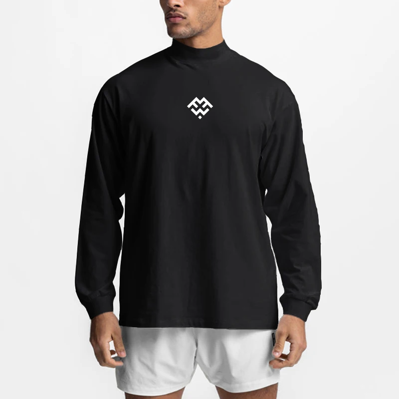 Mens Brand Running Fitness Fashion Oversize Clothing Workout  Casual T Shirt Sporting High-collar Long Sleeve Tshirt