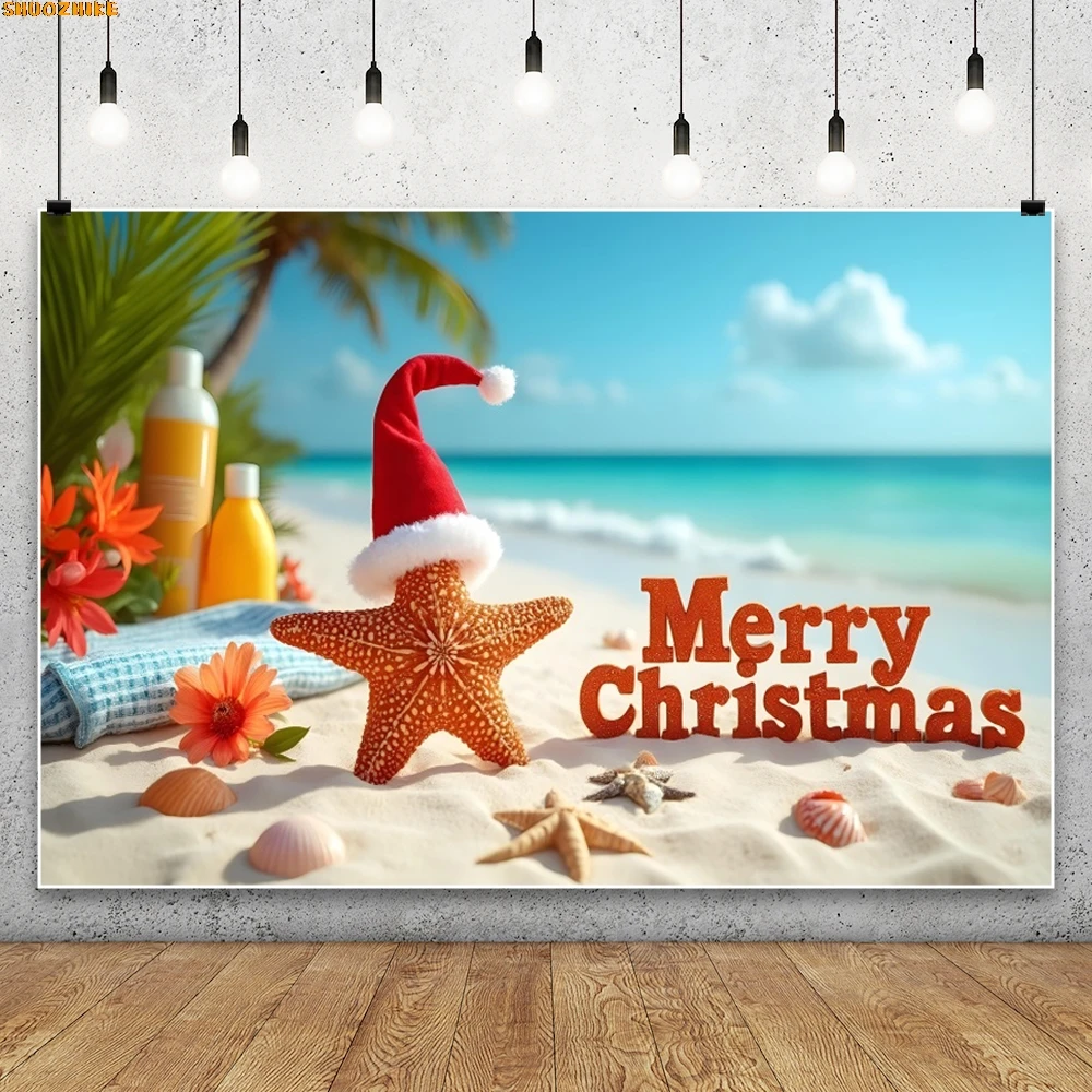

Summer Christmas Beach Photography Backdrop July Seaside Tropical Palm Trees Xmas Tree Snowman Holiday Party Photo Background