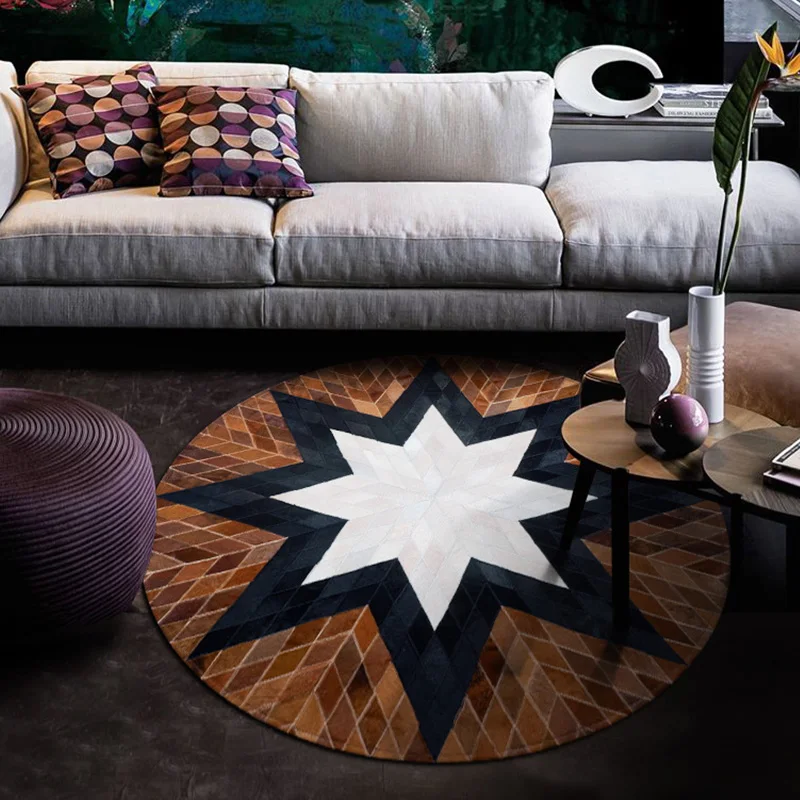 

Light Luxury Round Carpet Real Cowhide Nordic Bedside Bedroom Rug Study Room Chair Floor Mat Brown Living Room Rugs Carpet