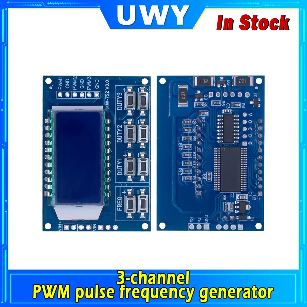 3 Channel PWM Pulse Signal Generator HW-752 V3.0 LCD Digital Display 1Hz~150KHz 0-100% Adjustable Duty Cycle DC3.3V-30V