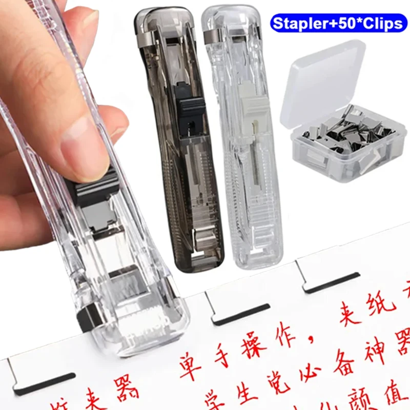 Staple Metal Clip Push Hand Paper Clipper with Refill Fixing Organizing Stapler Reusable Push Clamp for Document File Stationery