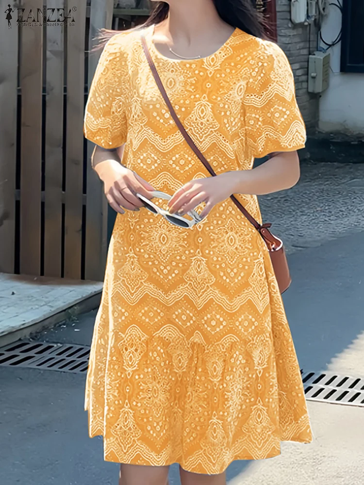 ZANZEA Womens Vintage Etnische Afdrukken Knielange Jurken Zomer Casual O-hals Bladerdeeg Mouw Verstoorde Zoom Gewaden Vakantie Jurk