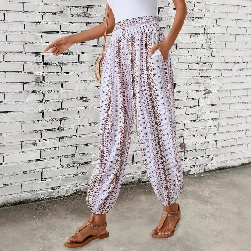 Bedruckte Hose mit Amazon-Ethno-Muster, lange Hose mit böhmischer plissierter Taille, modische, individuelle und bequeme Damenhose
