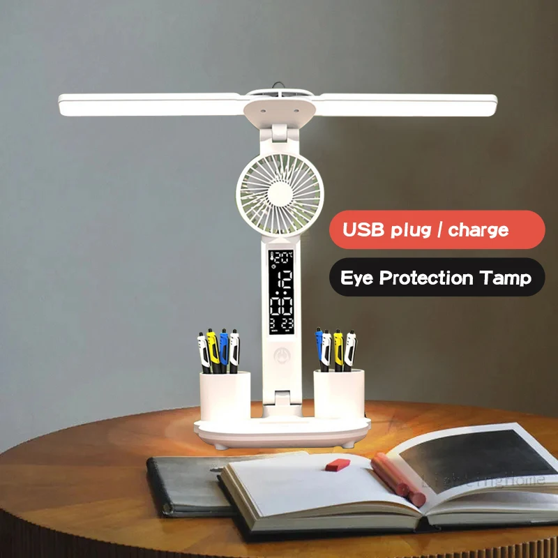 New Double-headed Lighting LED Fan Rechargeable Table Lamp Eye Protection Learning Student Dormitory Plug-in Bedroom Smart Lamps