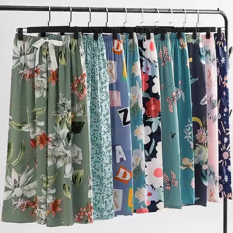 Soft Home Pants Women Spring Summer Sleep Pants Cute Floral Printed Pajama Pants Wide Leg Loose Plus Size Calf-length Bottoms