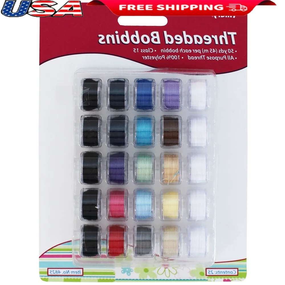 Bobinas para máquina de costura classe 15, 25 peças, 100% poliéster com rosca 50 jardas 45 m cada cor transparente reutilizável
