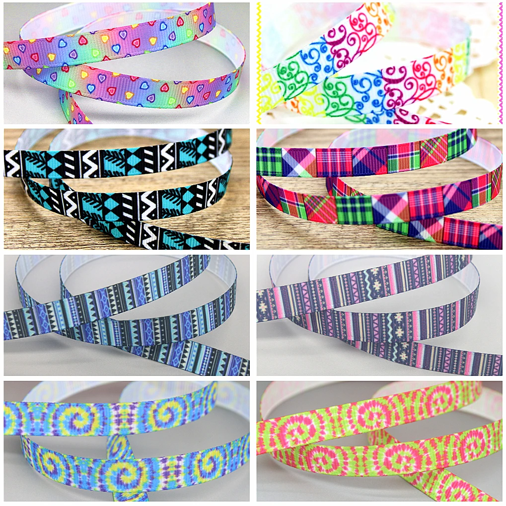 DHK 3/8'' 5yards Tribal Plaid Tie Dye Pattern Printed Grosgrain Ribbon Accessories Sewing Craft Collar Material DIY 9mm C2008