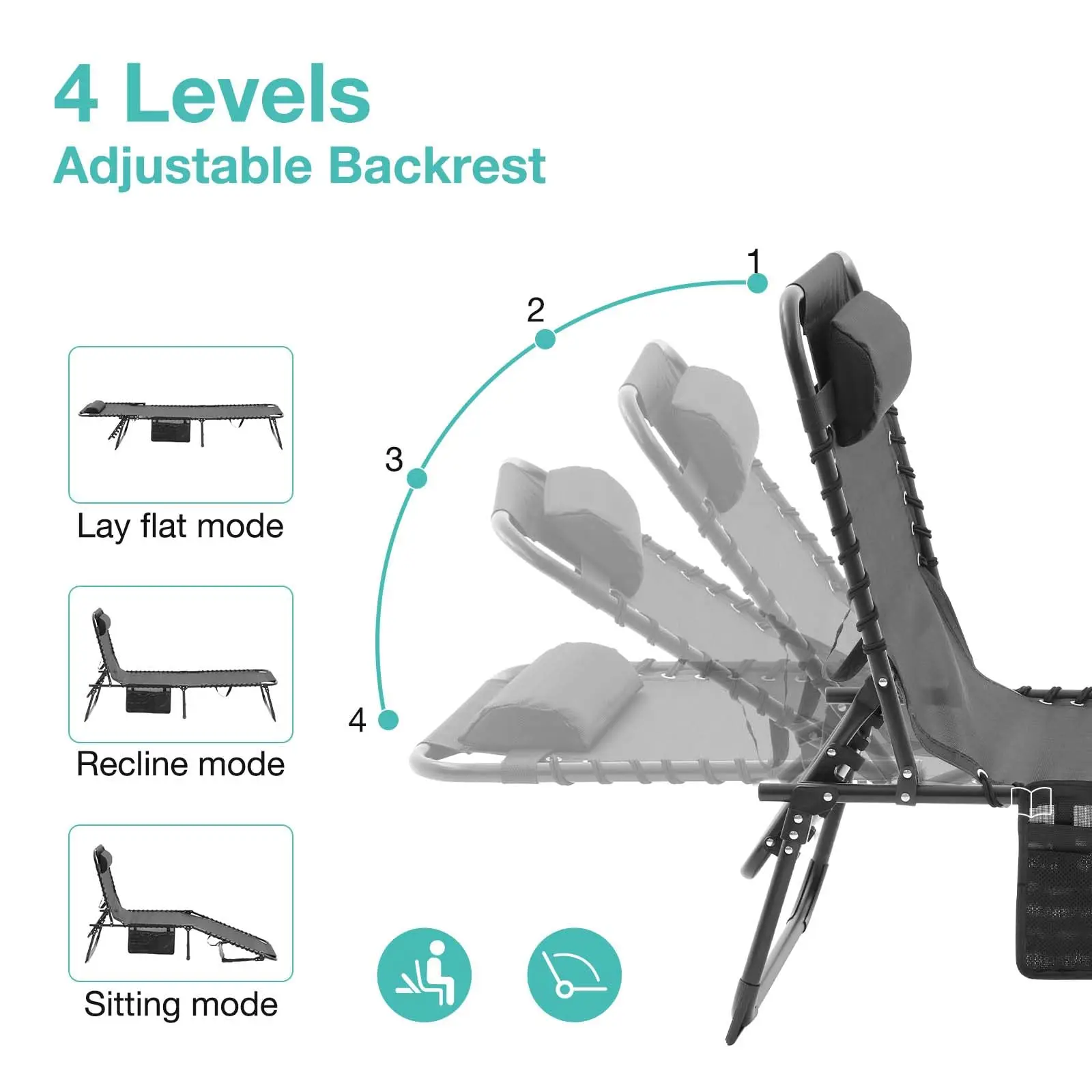Set of Two Portable Outdoor Lounge Chairs with 4-Position Reclining Back and Breathable Mesh Seat for Beach Steel Material