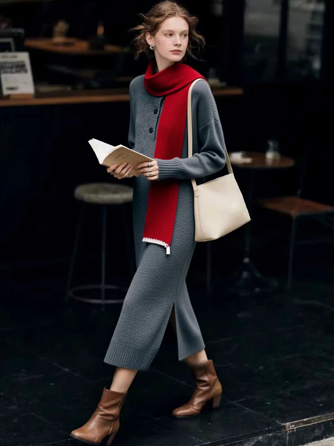 

Winter New Commuter Style High Collar Grey Knitted Cashmere Dress Female Long Sleeve Sweater Skirt Temperament