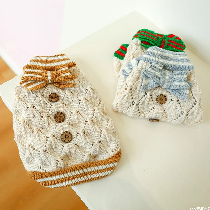 1PC Pet Clothing Spring and Autumn Pullover Brown White Hollow Knitted Sweater Suitable for Small and Medium sized Dogs