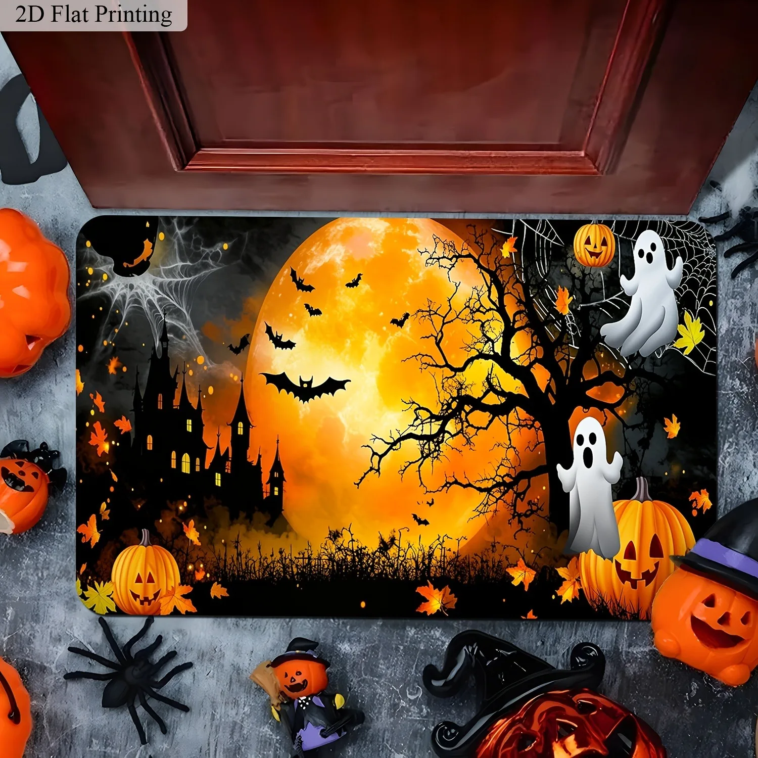 Spooky Halloween Doormat Orange Full Moon Haunted Ghost Bat Pumpkin Pattern for Front Door Indoor Entrance Holiday Floor Carpet