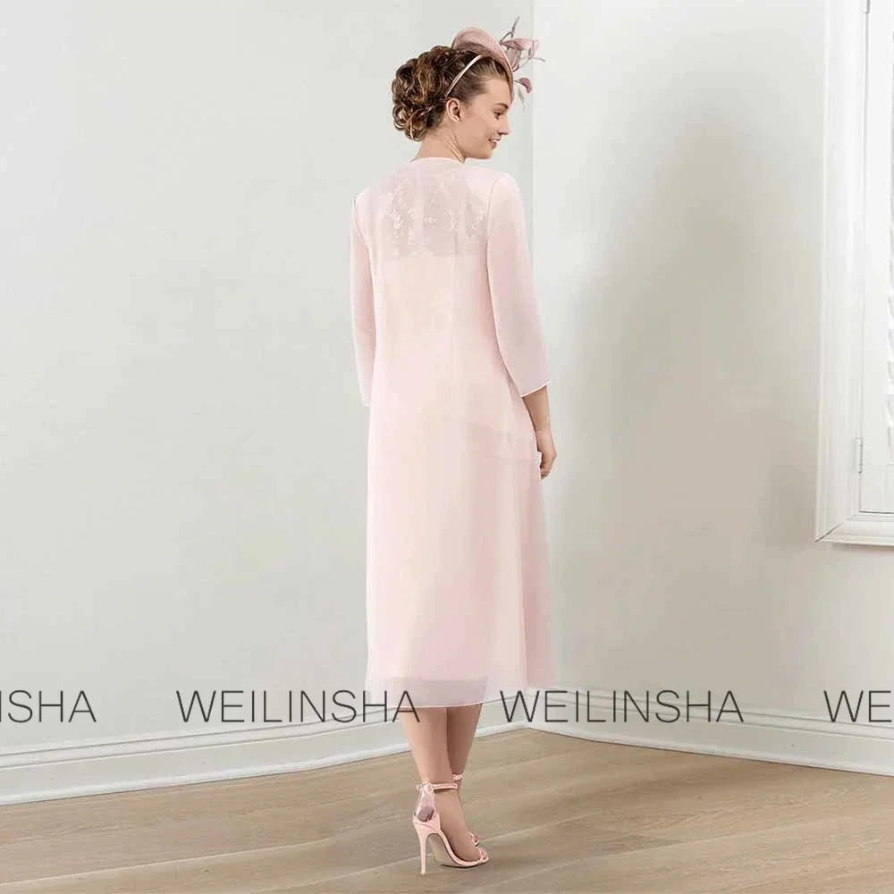 Customized Women's Mother of the Bride DressChiffon Sheath/Column Prom Dress Pink O-Neck Embroidery Two-Piece Set Gala Dresses