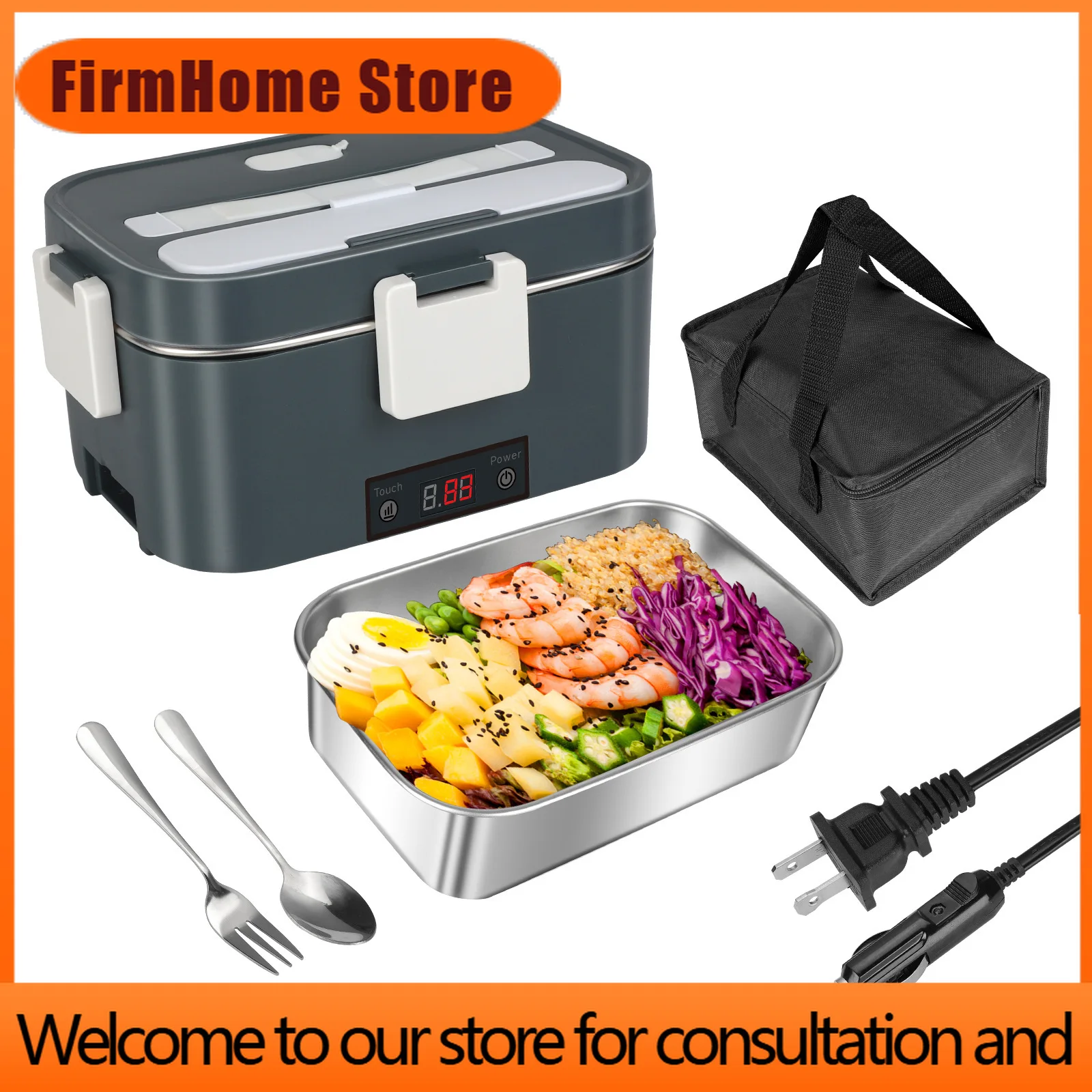 FirmHome StoreNew 2 IN 1 Car Electric Heating Lunch Box LED Temperature Display Main Water-free Household Insulated Electric Lun