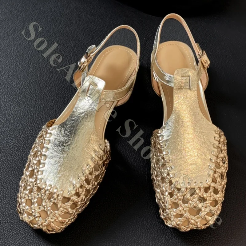 Handwoven Closed Toe Sandals Metallic Shine Slingback Adjustable Fit Non Slip Comfortable For Warm Weather And Special Occasions