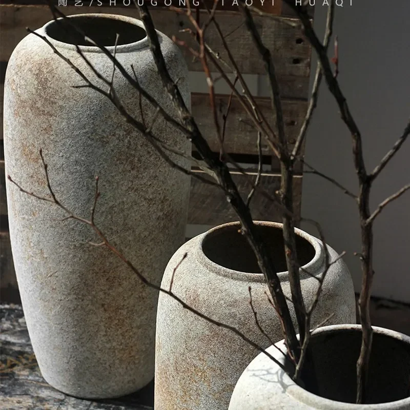Retro Floor to Ceiling Large Vase Wabi Sabi Style Coarse Pottery Old Vase Ornament Home Decoration Flower Arrangement