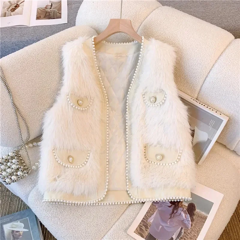 New Autumn/Winter Vest Women Fox Hair Nail Beads Sleeveless Jacket Quilted Imitation Fox Fur Vest Coat Female Beading Waistcoat