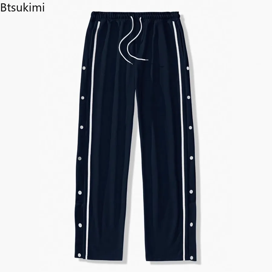 2025 Casual Streetwear Men's Trendy Side Breasted Design Baggy Pants Spring Autumn New Men's Straight Leg Drawstring Sweatpants
