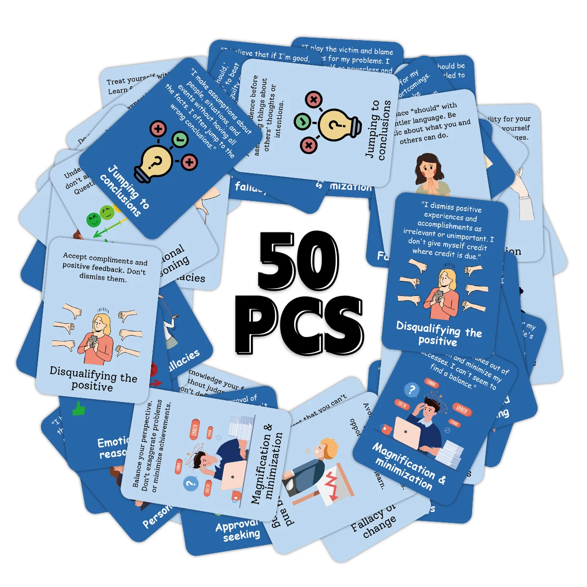 50pcs Double-Sided Printed Cognitive Distortions Cards,Flashcard For Anxiety,Depression&Mental Health,Self-Care Affirmation Card