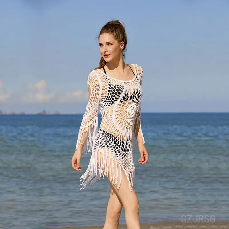 White Crochet Bikini Cover Up with Fringe Trim Women Sexy Hollow Tunic Beach Dress 2022 Summer Bathing Suit Beachwear