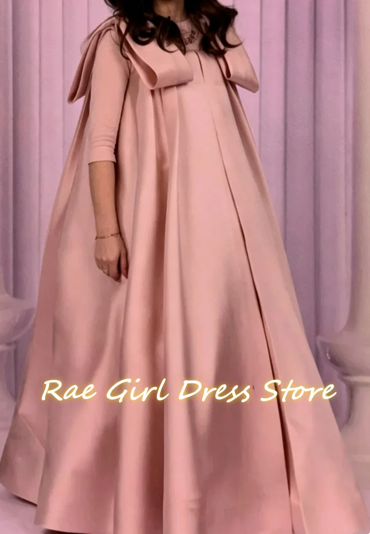 Pink Satin Flower Girl Dress For Wedding Banquet Floor Length Round Three Quarter Sleeve A Line Pleated Skirt Kids Formal Gowns