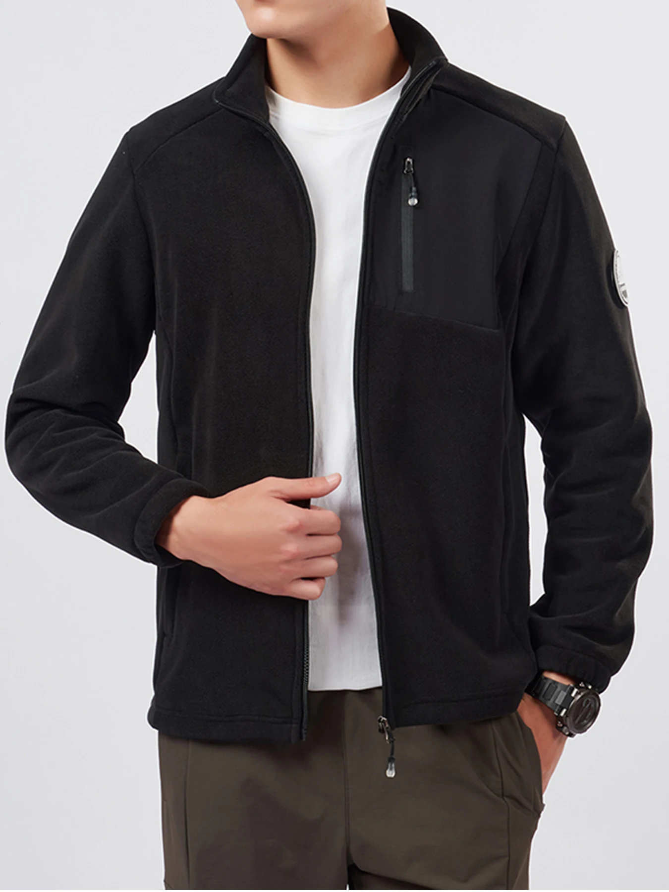 Chaqueta deportiva de otoño e inviernoTop ajustado para hombre, tela de poliéster, parte delantera con cremallera, chaqueta de color sólido, chaqueta polar para hombre