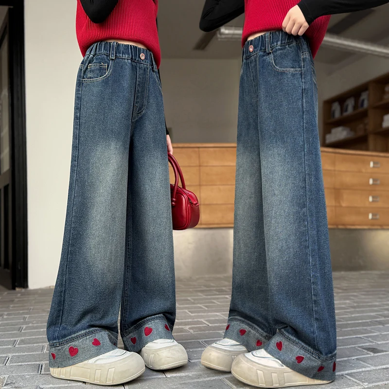 

American New Kids Designer y2k Style Mid-Waist Jeans With Heart For Teen Girls Fashionable Street Children Wide Leg Denim Pants