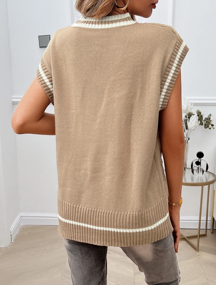 Fashion Sweater wanita, rompi kontras leher V kasual longgar musim gugur musim dingin 2024