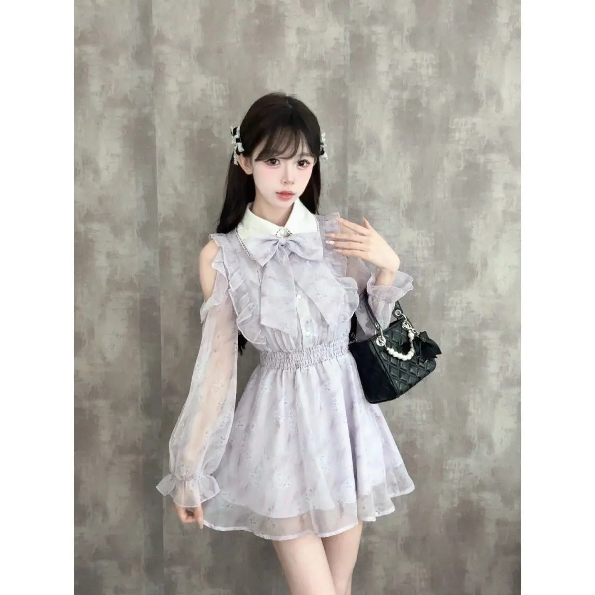 

Japan Dress Sweet Girl Daughter Gentle Style Waist-Length Off-Shoulder Long-Sleeved Purple Printed Dress