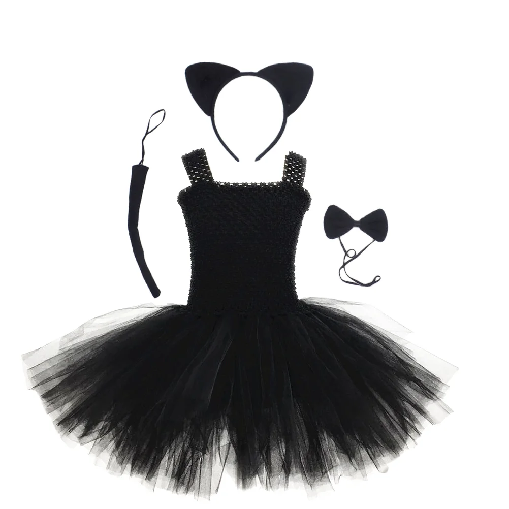 

Cat Skirt Suit Halloween Costumes Black Dress Tutu Tail Kids Cosplay Performing Cotton Children's Kit Festival Miss Girl