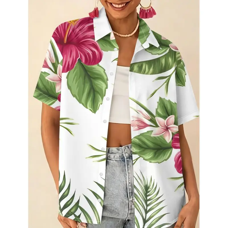 Women's Lapel Short-Sleeve Shirt Summer Tropical Red Hibiscus Pink Frangipani Print Casual Button-Down Shirt for Daily Wear