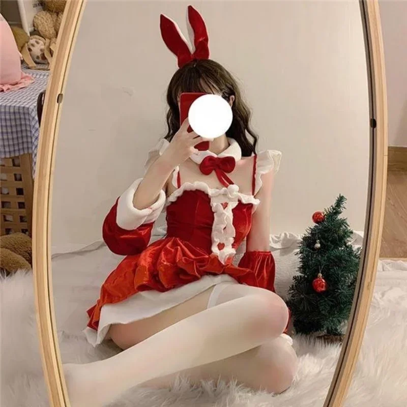 女の子のための柔らかいロリータバニーコスプレ衣装,日本のアニメランジェリー,柔らかいベルベットのウサギの衣装,ハロウィーンの衣装,クリスマスの衣装,ピンク