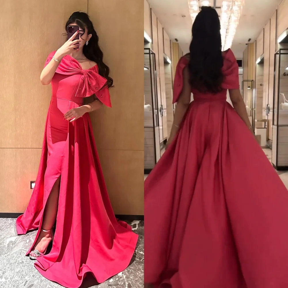 

Customized Formal Exquisite Charmeuse Bow Pearl Sequined Draped Ball Gown Off-the-shoulder Long Dresses Bespoke Occasion Dresses