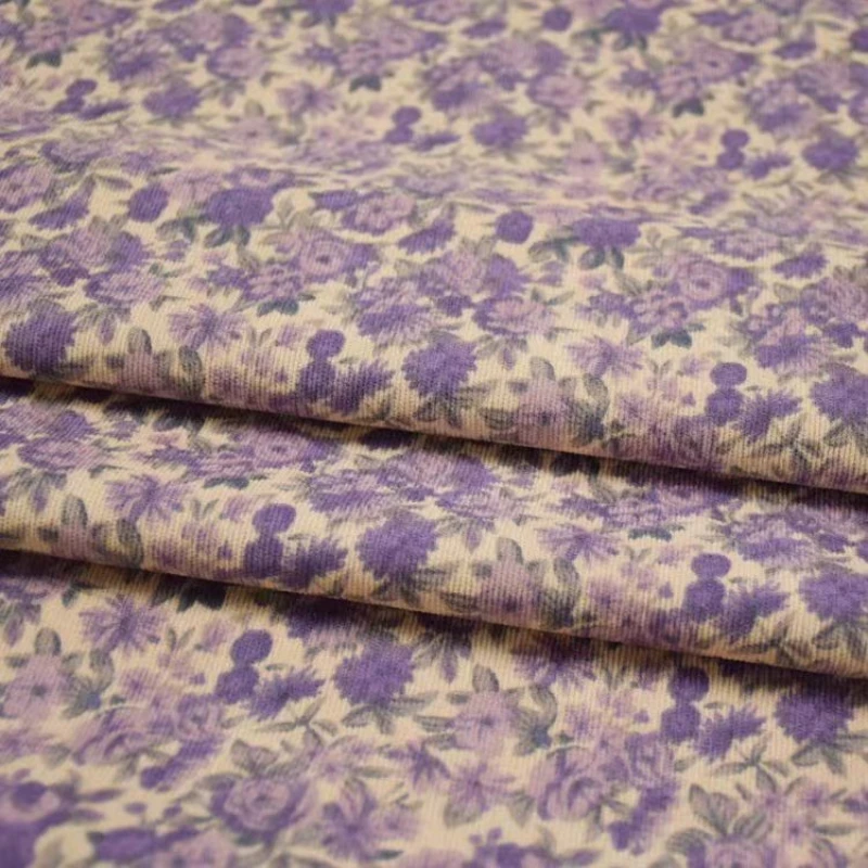 

148x50cm Beige Base, Purple Floral Print, Corduroy Fabric, Autumn and Winter Dress Handmade Jacket, Shoe Strips Sewing Cloth