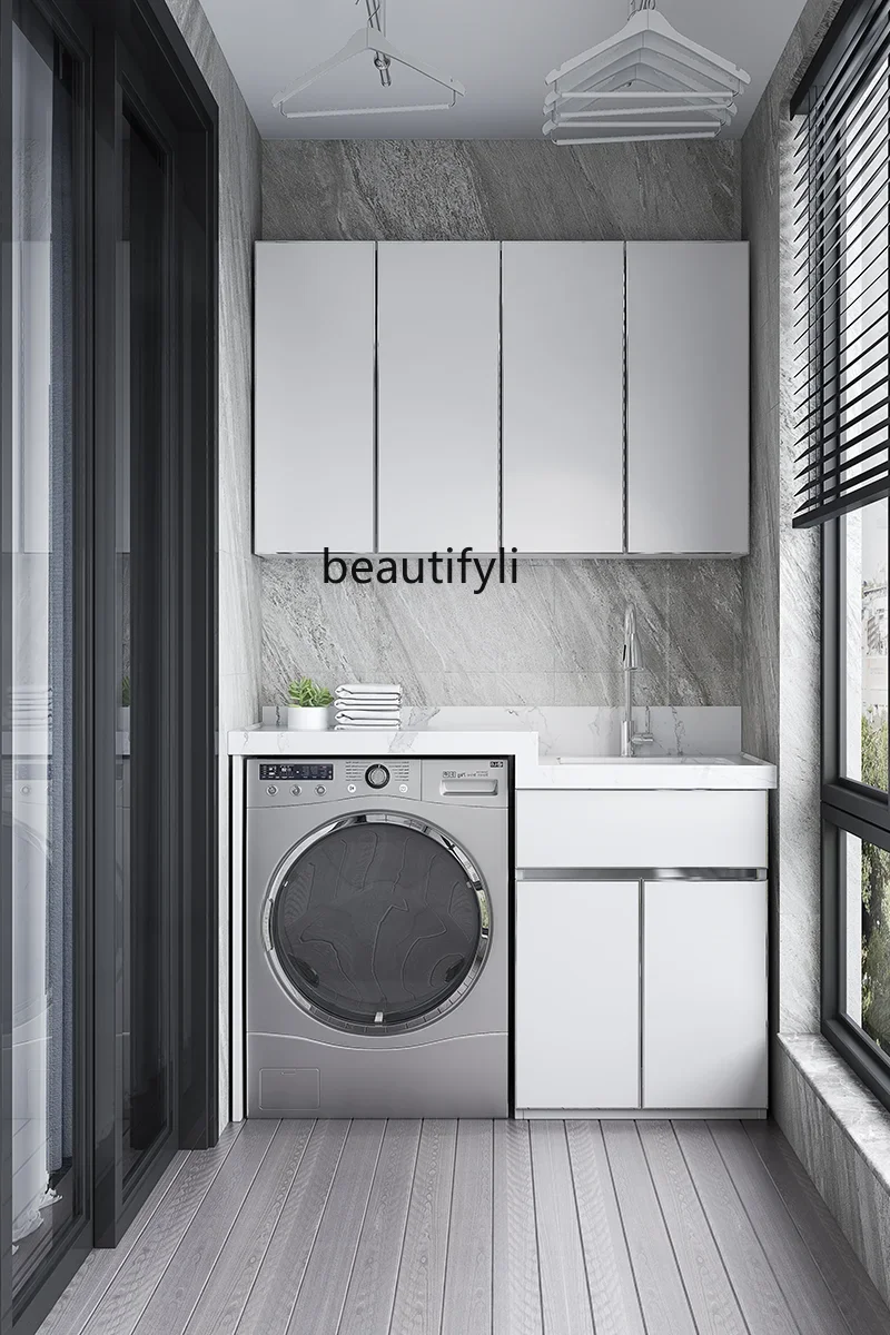 

Balcony slate washing machine cabinet ceramic washing basin with washboard combination washing machine integrated cabinet