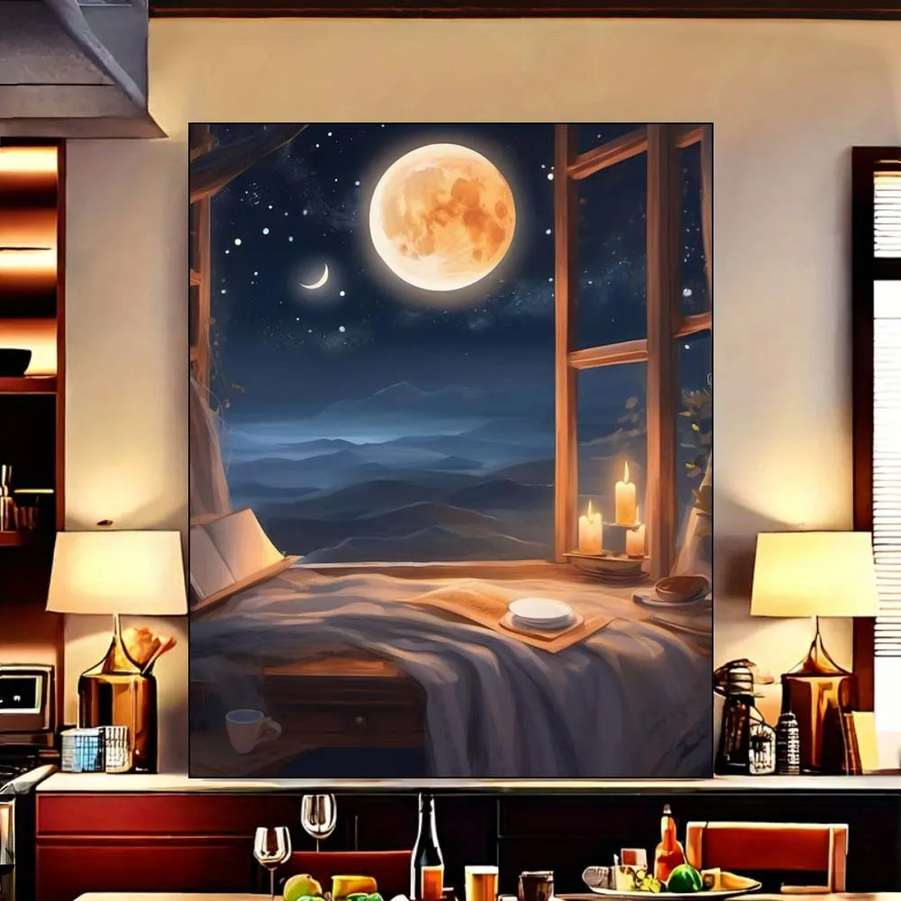 Cozy Bedroom at Night with View of Moons and Misty Mountains Diy Digital Oil Paint Set For Adults But Excludes Frame - Image 3
