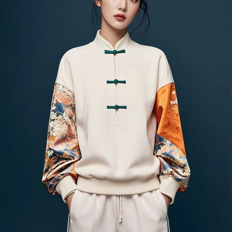 

New Chinese Women's Tops with Loose Buttons and Loose Print Fashionable Casual Long-sleeved Tops