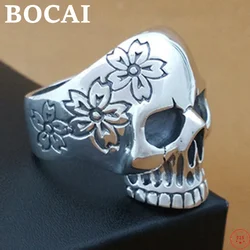 BOCAI S925 Sterling Silver Charms Rings New Fashion Flower-Skull Retro Old Solid Argentum Viking Punk Jewelry for Men Women
