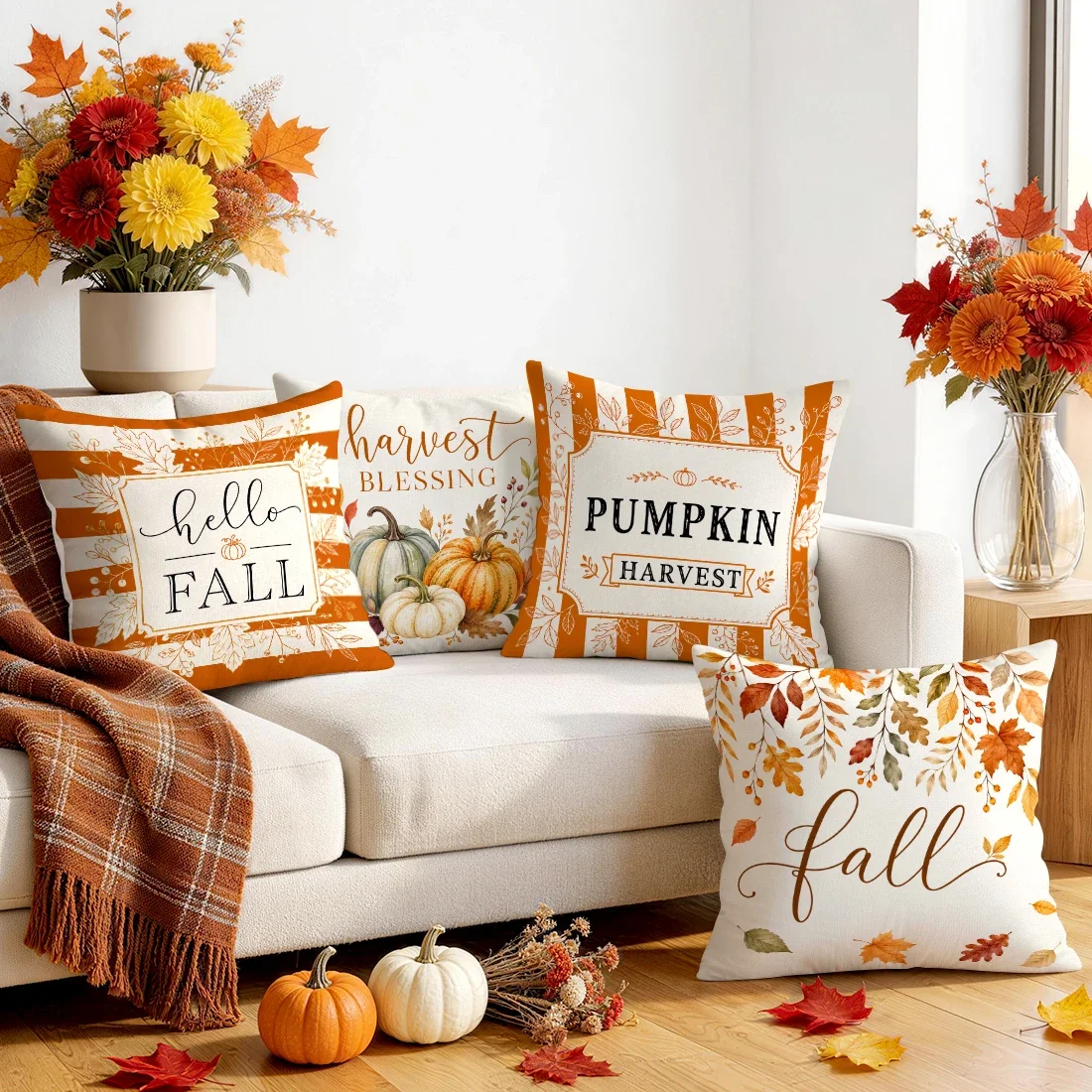 1/4pcs Autumn Maple Pumpkin Cushions Pillowcase Polyester Cushion Cover Throw Pillow Pillowcover Home Car Sofa Decor
